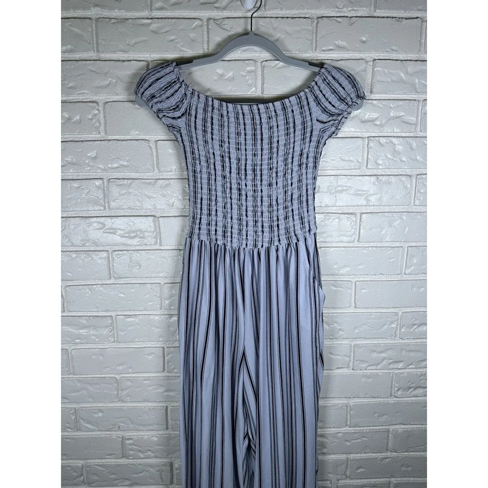 Justify L Smocked Off Shoulder Striped Jumpsuit Blue White Wide Leg Boho‎